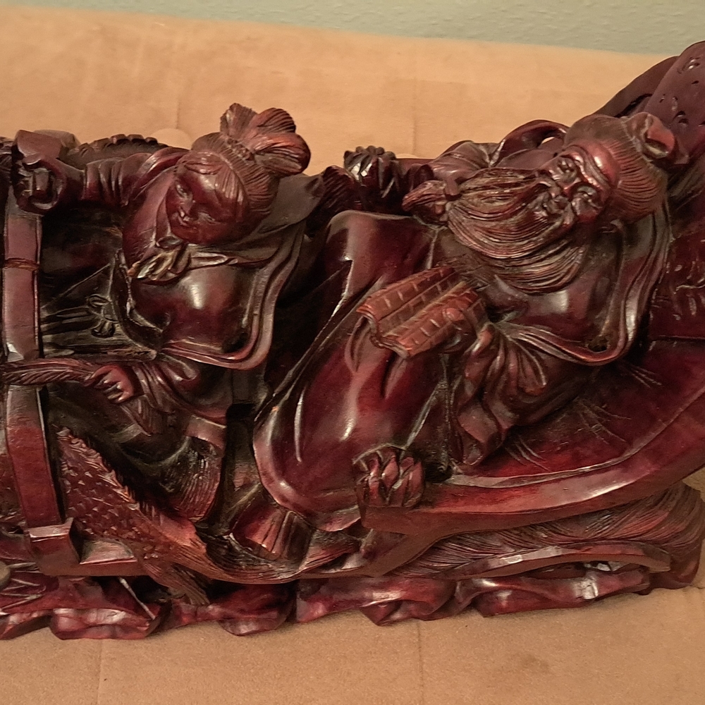Oriental Rosewood Carved Sleigh With Ssnta And Foo Dogs